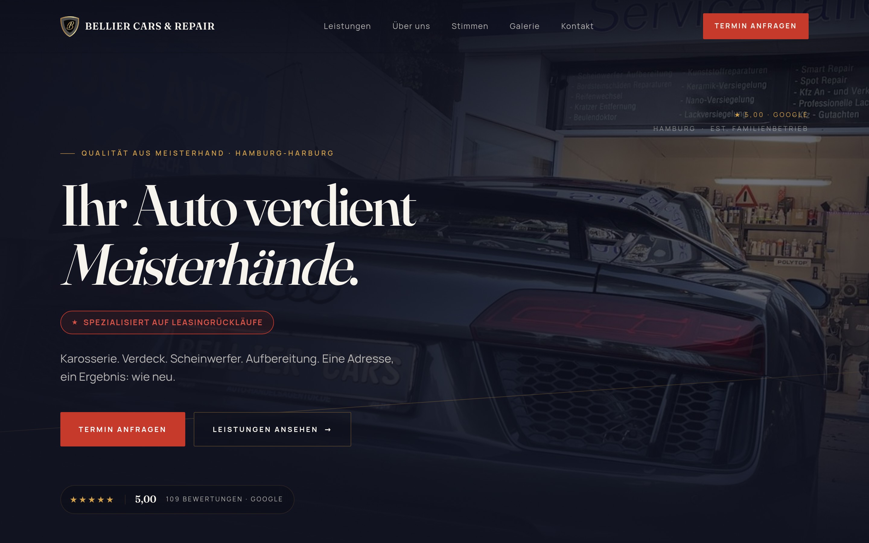 Startseite der Website von Bellier Cars & Repair, gebaut von Build Beyond Hightech