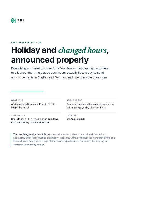 Cover of the Holiday and hours pack