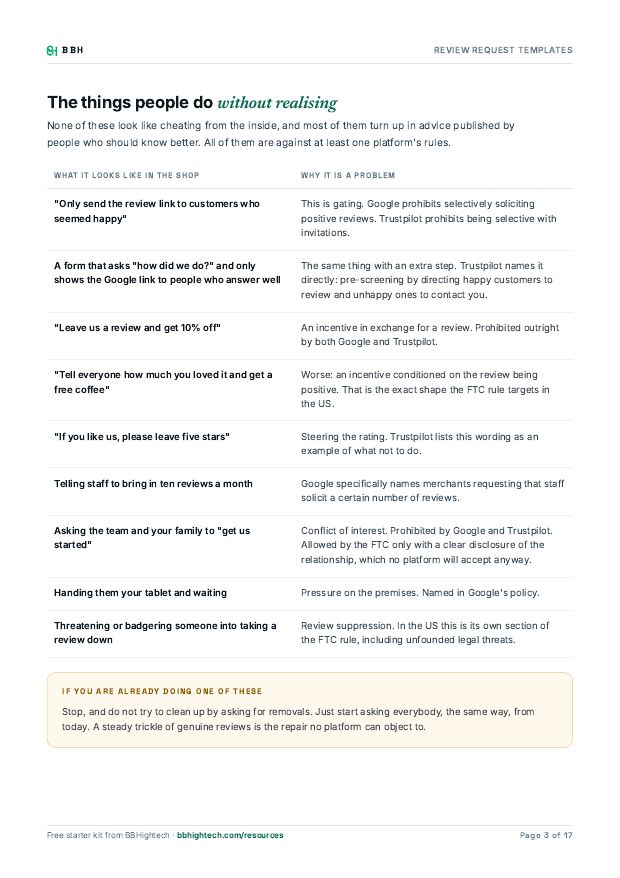 Inside page of the Review request templates